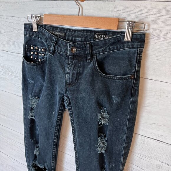 Obey Propaganda Jeans SZ 28X34 Blackish Blue Debbie Fit Low Waist Skinny Studs - Picture 5 of 14